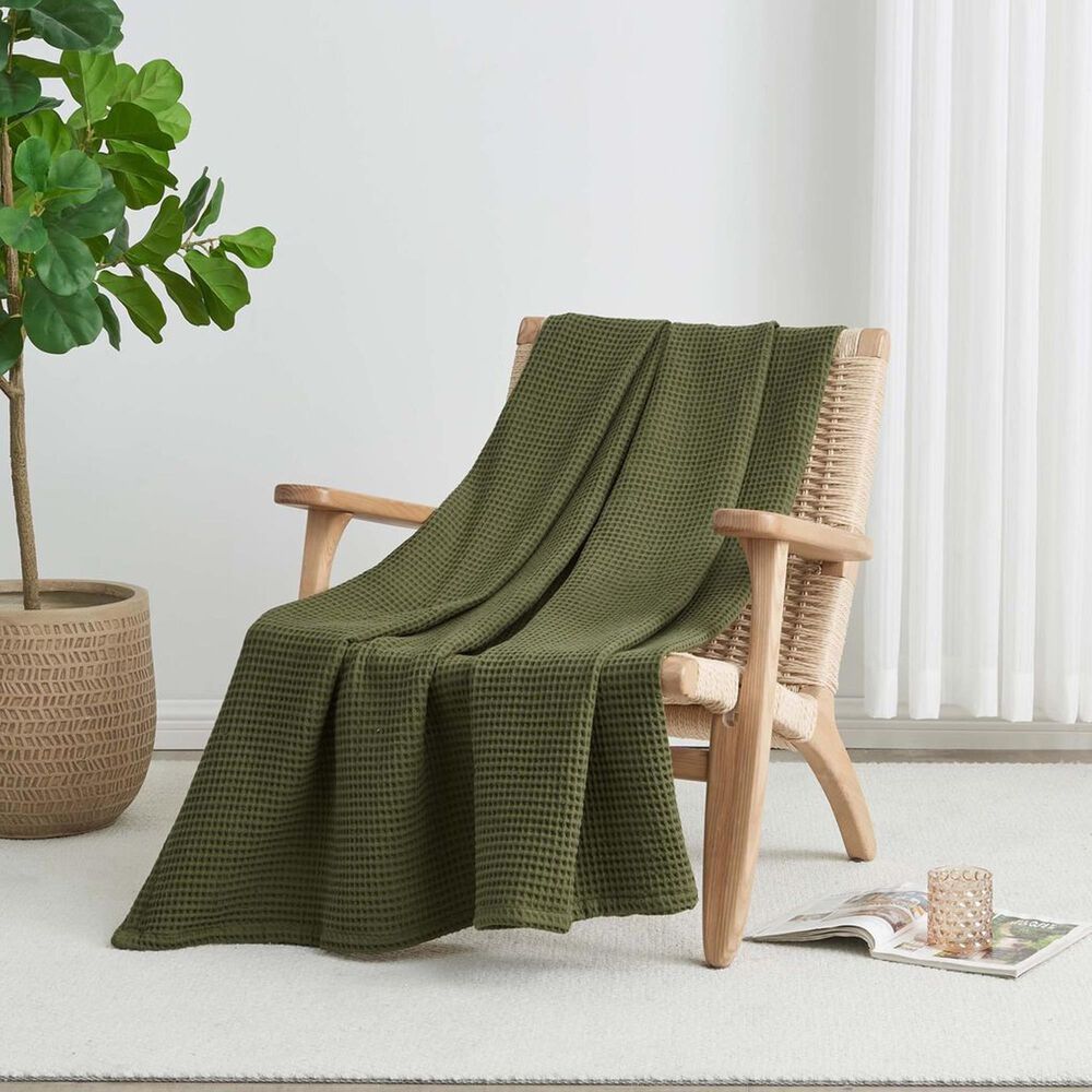 Trade Linker Full/Queen Waffle Weave Knit Throw Blanket in Olive, , large