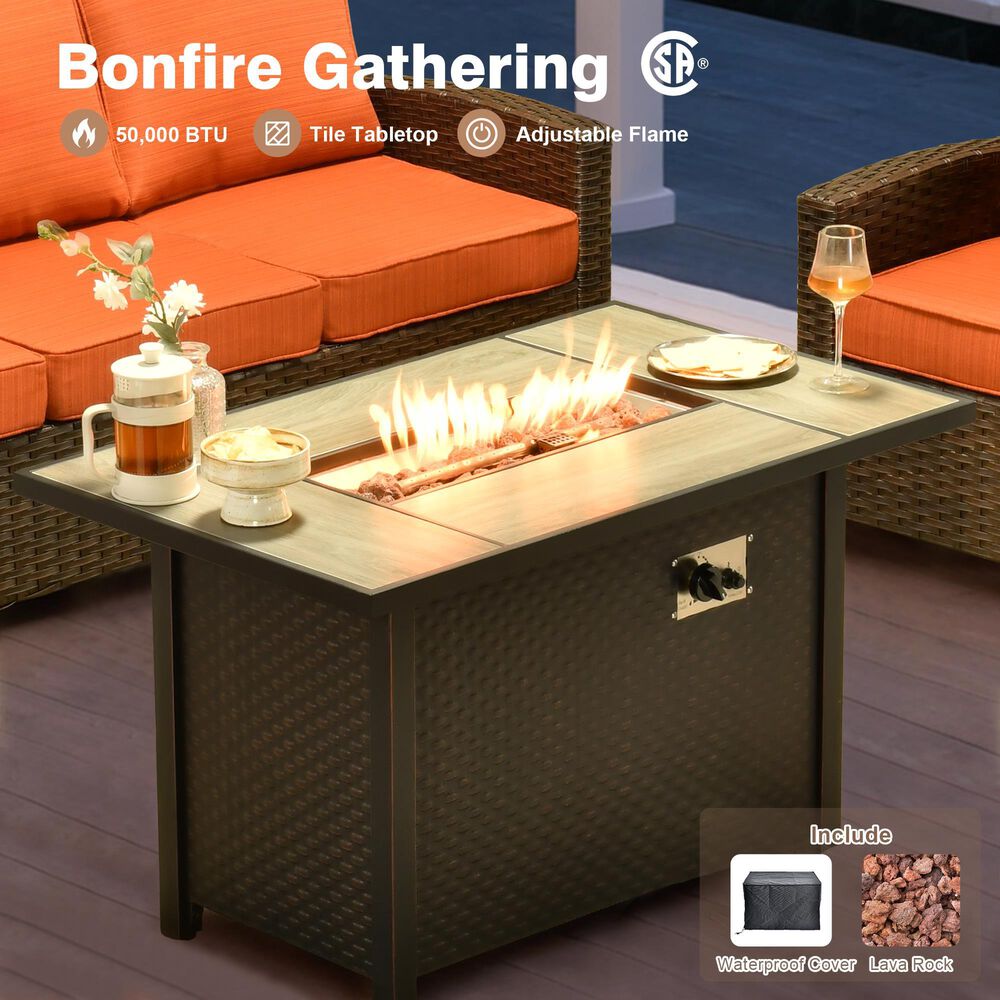 HOMLUX 6-Piece Patio Conversation Set with 42" Fire Pit Table and Light Brown Wicker in Orange Red, , large
