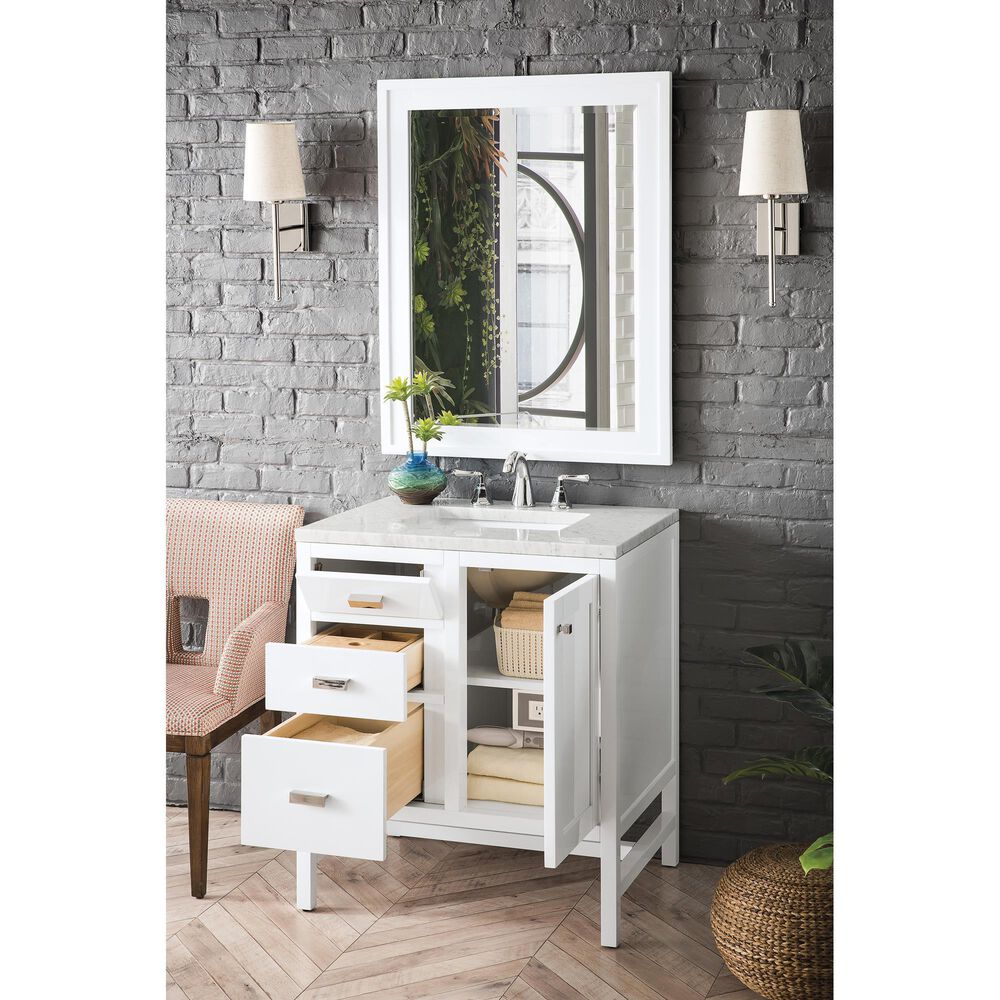 James Martin Addison 30&quot; Single Bathroom Vanity in Glossy White with 3 cm Arctic Fall Solid Surface Top and Rectangular Sink, , large
