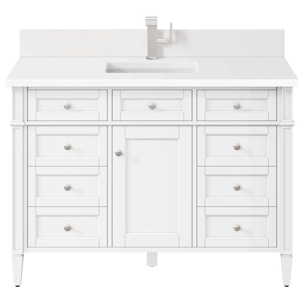 James Martin Vanities Brittany 48" Single Bathroom Vanity in Bright White with Single Hole 3 cm White Zeus Quartz Top and Rectangular Sink, , large