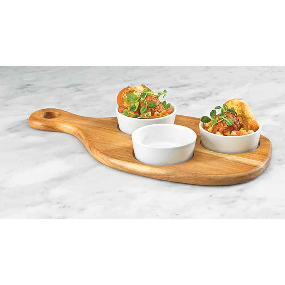 Home Essentials & Beyond Acacia Wood Paddle Appetizer Tray with 3 Porcelain Bowls, , large