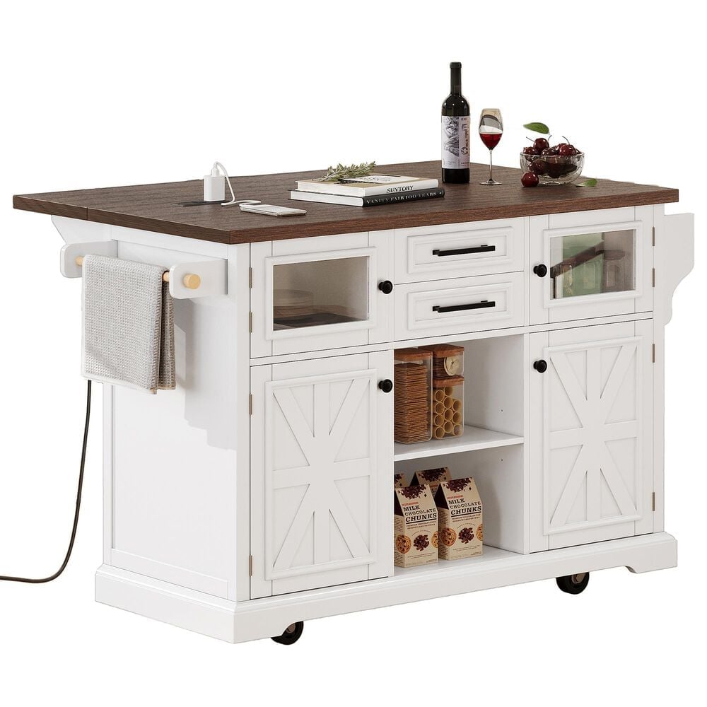 HOMLUX 54.9" Kitchen Island with Drop Leaf in White and Brown, , large