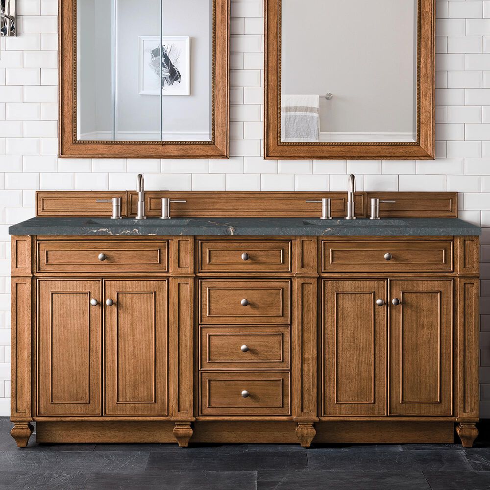 James Martin Vanities Bristol 72&quot; Double Bathroom Vanity in Saddle Brown with 3 cm Parisien Bleu Quartz Top and Rectangular Sinks, , large