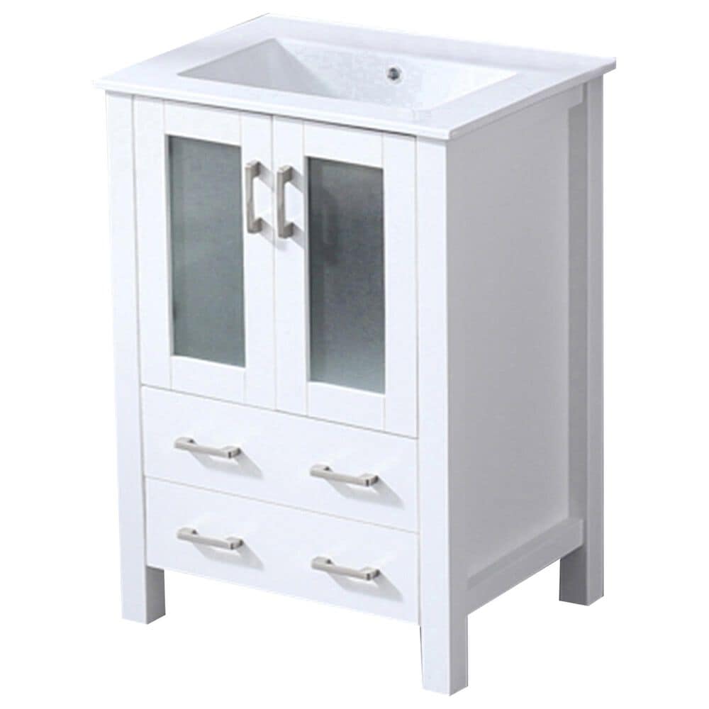 Lexora Home Volez 24" Single Bathroom Vanity in White with 2 cm White Ceramic Top and Rectangular Sink, , large