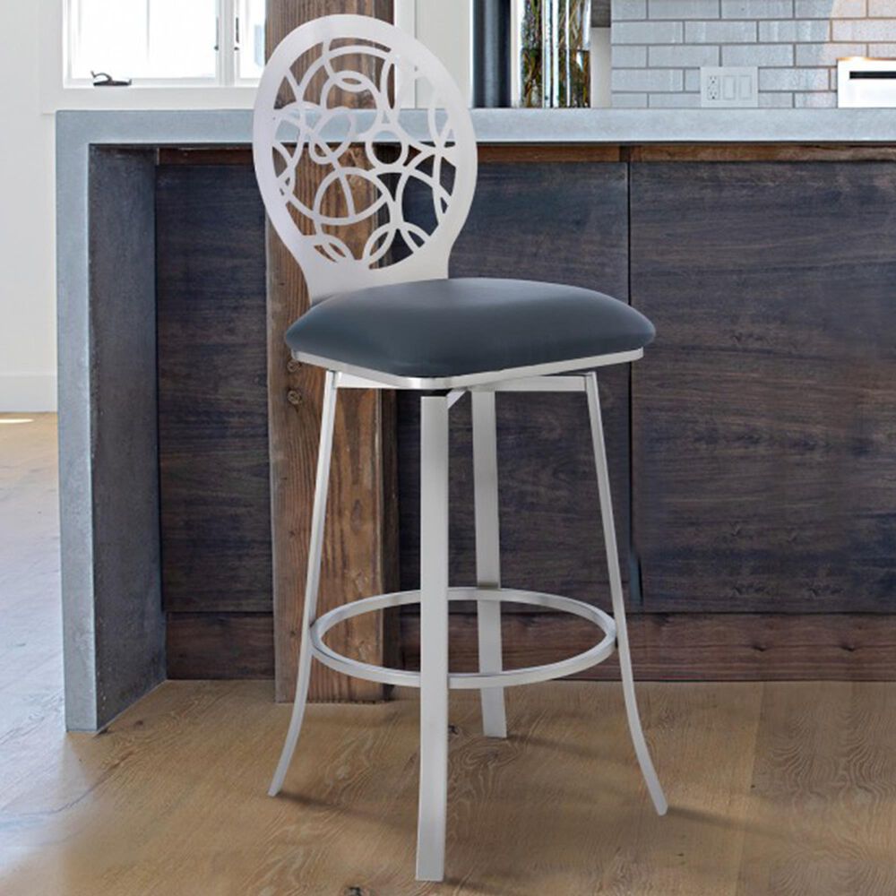 Blue River Lotus 30" Bar Stool with Grey Cushion in Brushed Stainless Steel, , large