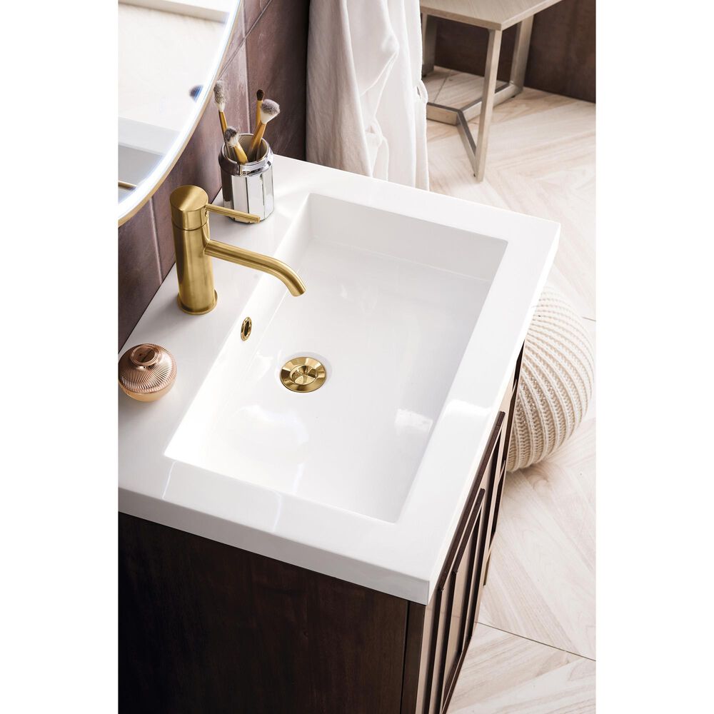 James Martin Vanities Alicante 24&quot; Single Bathroom Vanity in Mid Century Acacia and Radiant Gold with 5 cm White Glossy Resin Top and Rectangular Sink, , large