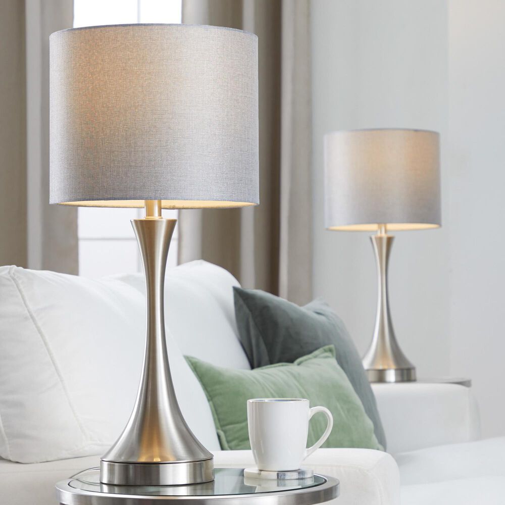 LumiSource Lenuxe 25" Metal Table Lamp with Grey Linen Shade in Brushed Nickel (Set of 2), , large