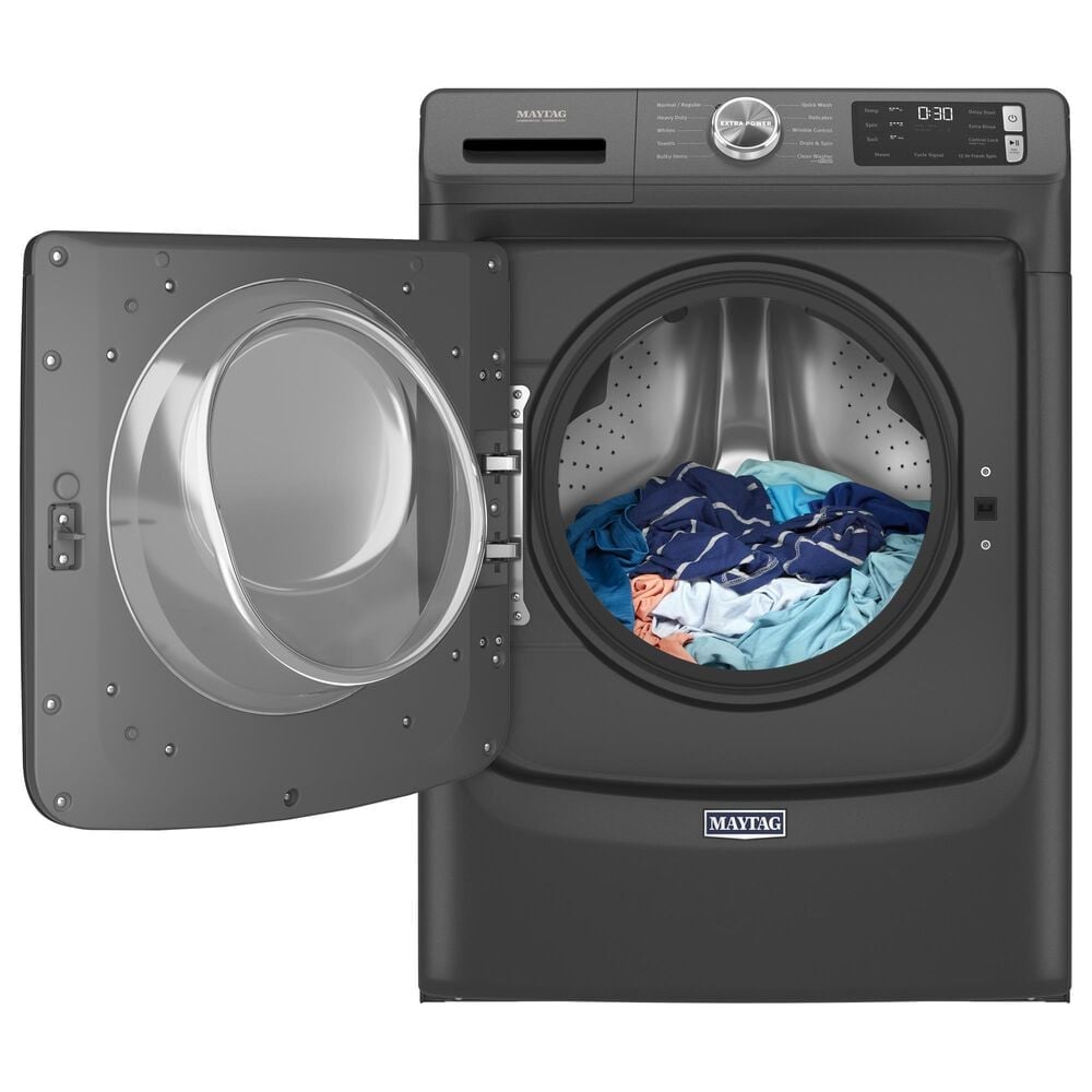 Maytag 4.5 Cu. Ft. Front Load Washer and 7.3 Cu.Ft. Gas Dryer Laundry Pair with Pedestal in Volcano Black, , large
