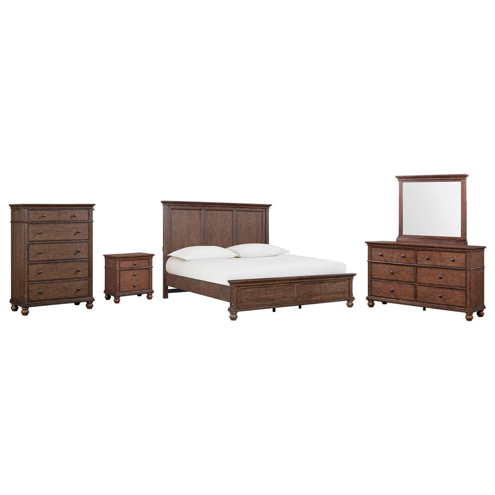 Riva Ridge Oxford 5 Piece California King Panel Bedroom Set in Cocoa with AC Outlets and USB Ports, , large