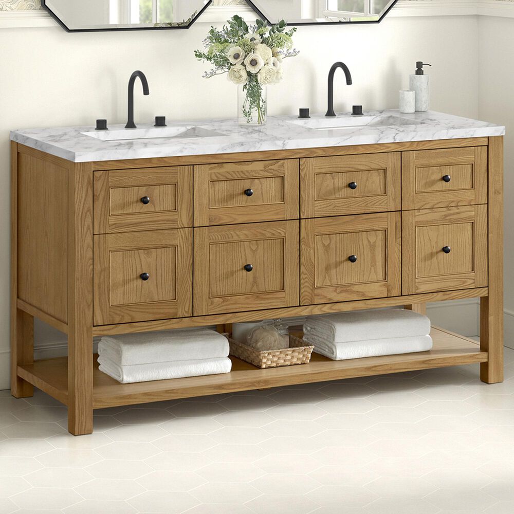 James Martin Vanities Breckenridge 60&quot; Double Bathroom Vanity in Light Natural Oak with 3 cm Carrara White Marble Top and Rectangular Sinks, , large