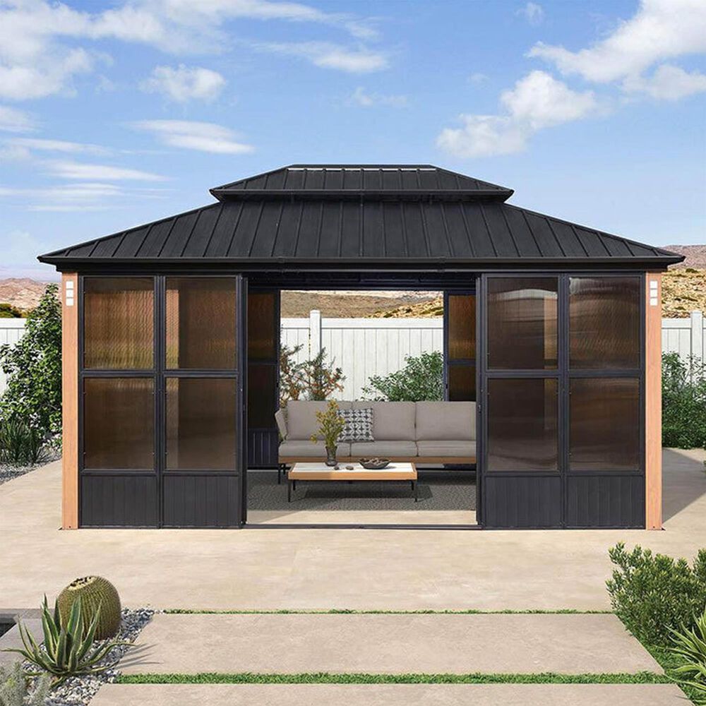 HOMLUX 12' x 16' Outdoor Hardtop Gazebo with Wood Grain Aluminum Frame in Black, , large