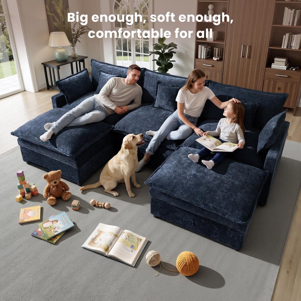 HOMLUX 107.87" Ultra-Comfort Chenille Sectional Sofa Set in Dark Blue, , large