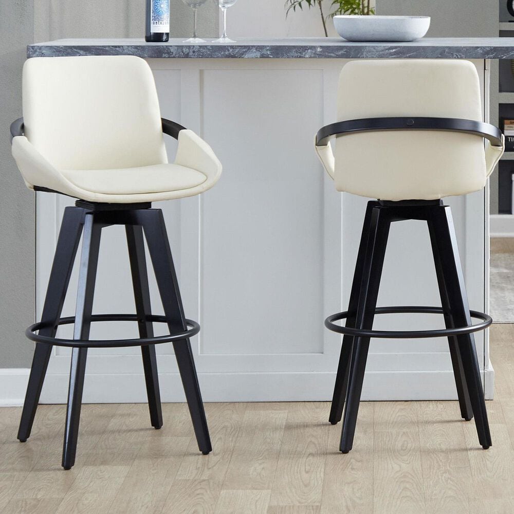 LumiSource Cosmo 30" Swivel Barstool with Cream Upholstery in Black (Set of 2), , large