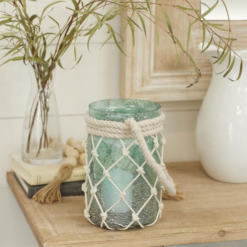 Maple and Jade 5&quot; x 16&quot; Indoor/Outdoor Candle Lantern with Rope Handle in Frosted Blue and Cream, , large