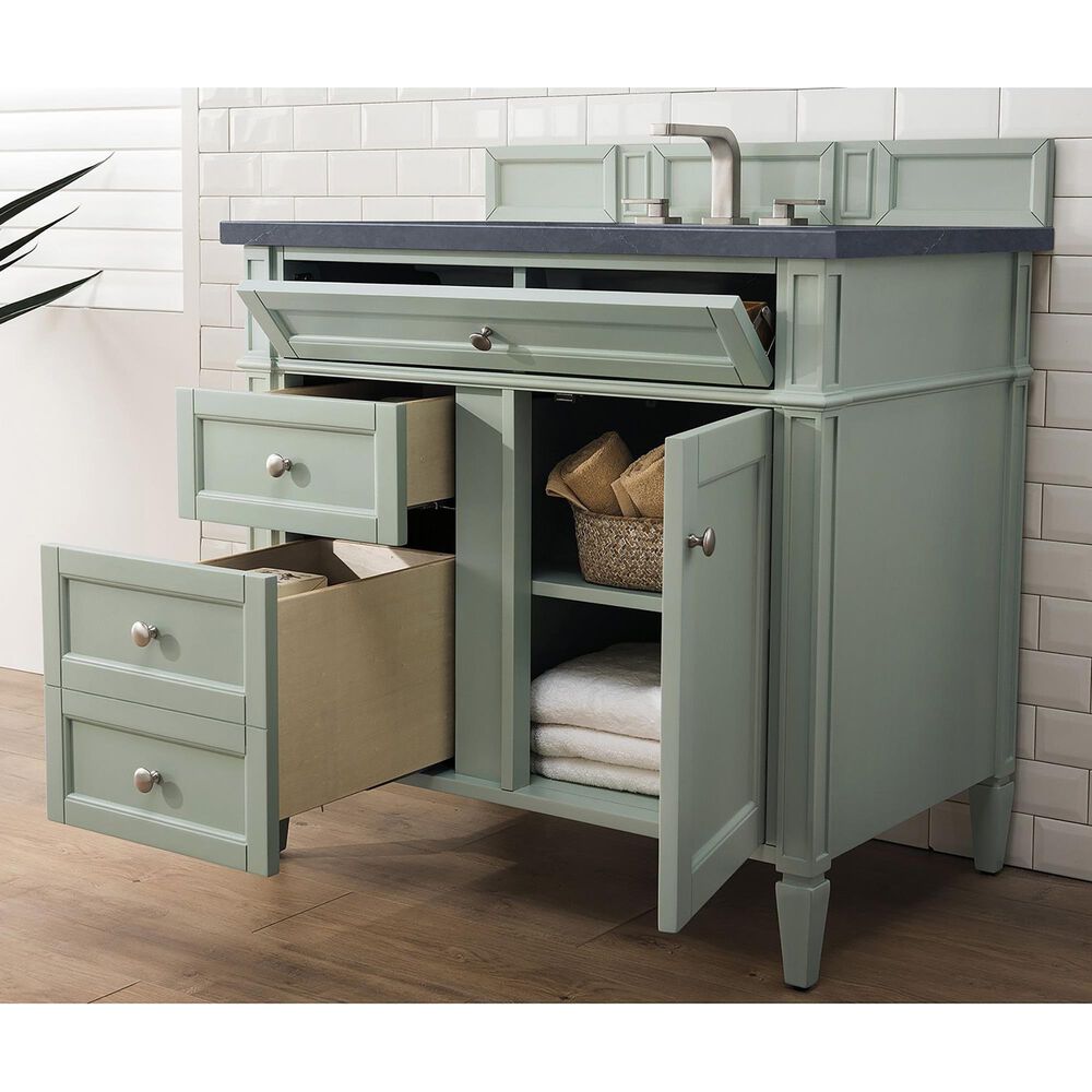 James Martin Vanities Brittany 36&quot; Single Bathroom Vanity in Sage Green with 3 cm Charcoal Soapstone Quartz Top and Rectangular Sink, , large