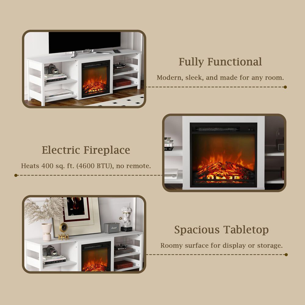 HOMLUX 63" Fireplace TV Stand with Storage Shelves in White Emboss, , large