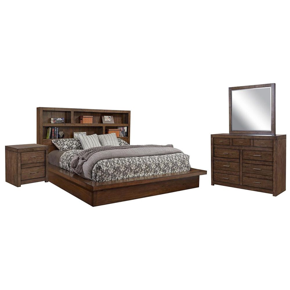 Riva Ridge Modern Loft 4 Piece Queen Bookcase Bedroom Set in Brownstone, , large