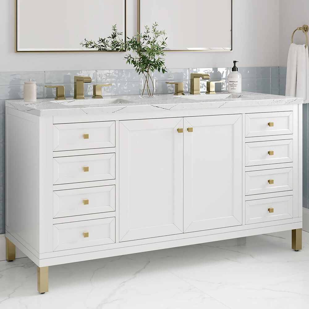James Martin Vanities Chicago 60&quot; Double Bathroom Vanity in Glossy White with 3 cm Ethereal Noctis Quartz Top and Rectangular Sinks, , large