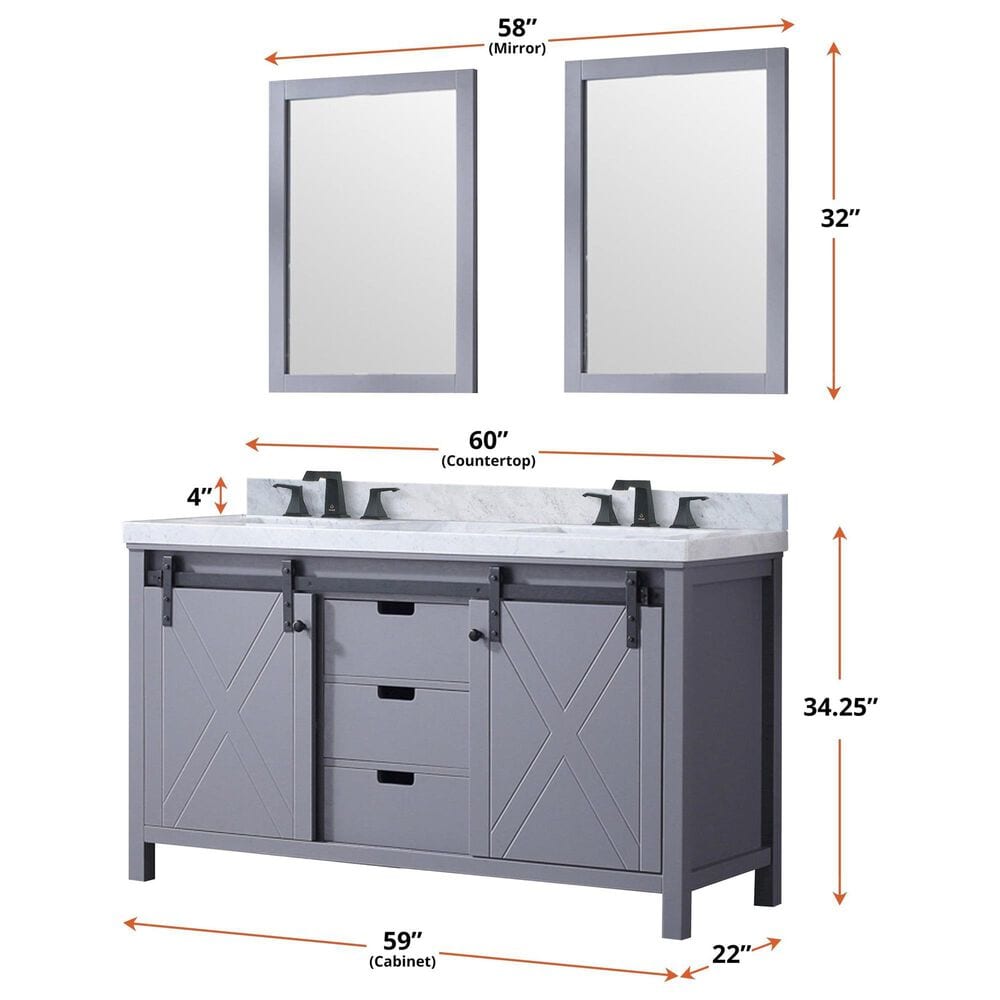 Lexora Home Marsyas 60&quot; Double Bathroom Vanity in Dark Grey with White Carrara Marble Top and Rectangular Sinks, , large