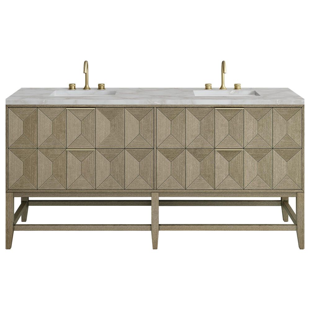 James Martin Vanities Emmeline 72" Double Bathroom Vanity in Pebble Oak with 3 cm Victorian Silver Quartz Top and Rectangular Sinks, , large