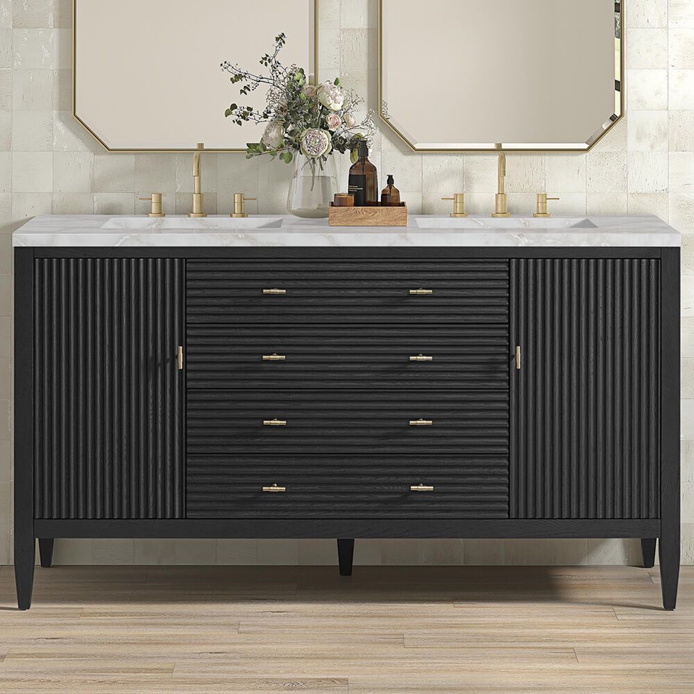 James Martin Vanities Myrrin 60&quot; Double Vanity in Carbon Oak with 3 cm Victorian Silver Quartz Top, , large