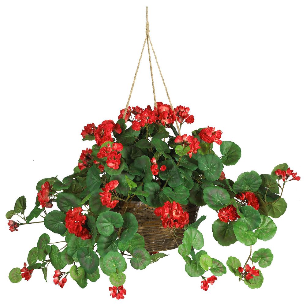 Nearly Natural Inc Red Geranium Hanging Basket Silk Plant, , large