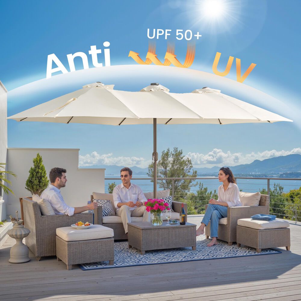 HOMLUX 15' Double-Sided Outdoor Market Umbrella with Sandbag Base and White LED Beads in White, , large