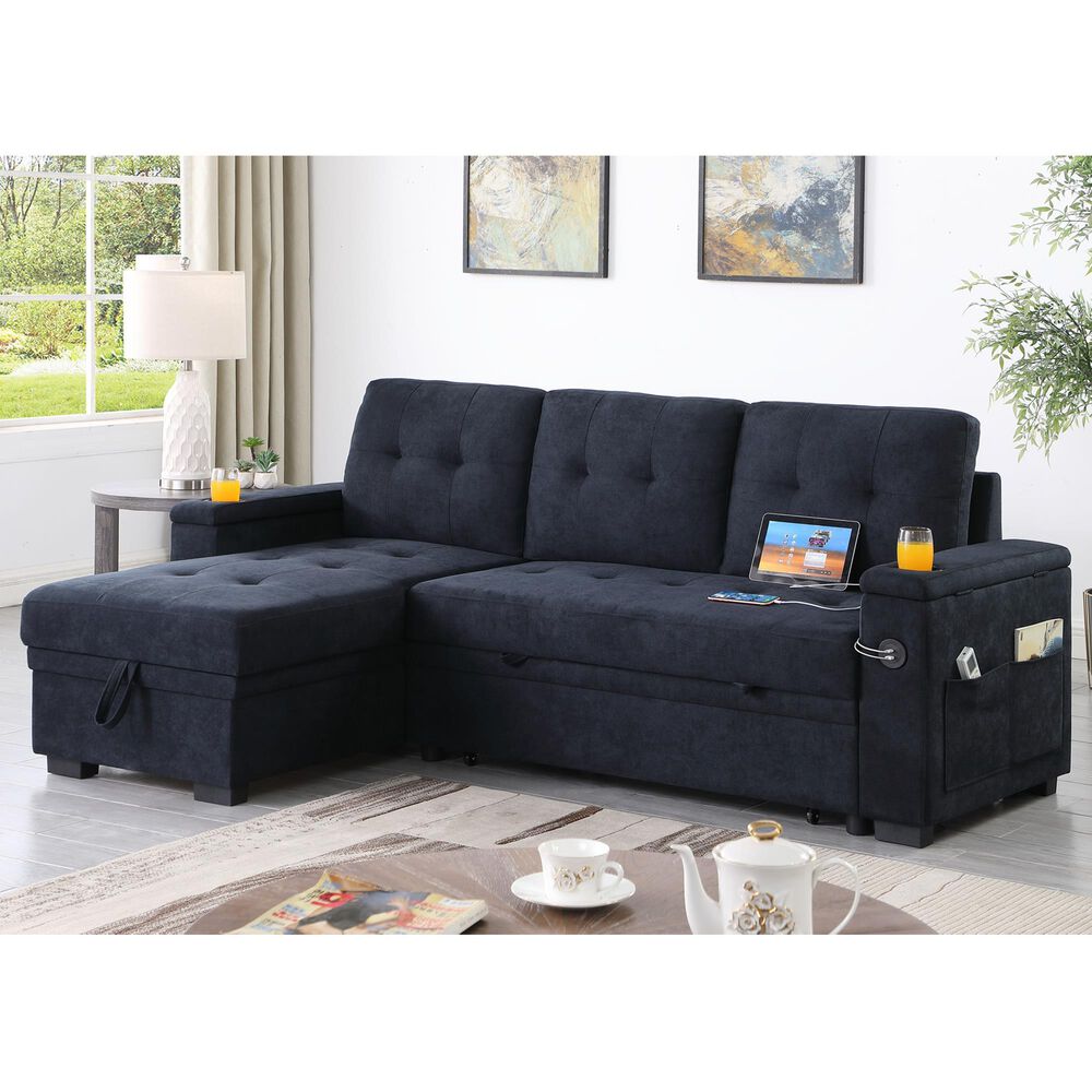 HOMLUX 84"W Reversible Sleeper Sectional Sofa with Storage Chaise, Cup Holders, USB, in Dark Grey, , large