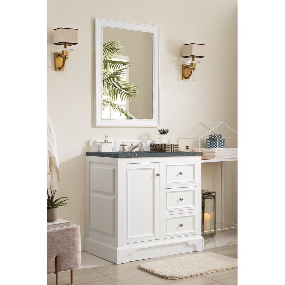 James Martin Vanities De Soto 36" Single Bathroom Vanity in Bright White with 3 cm Parisien Bleu Quartz Top and Rectangular Sink, , large