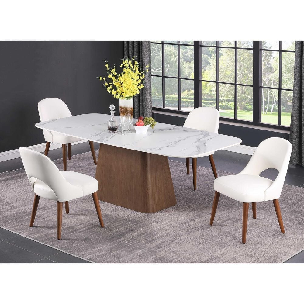 Monroe Kenza Pedestal Dining Table with White Marbleized Stone Top and Light Wood Finish, , large