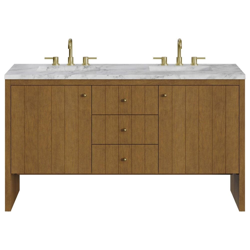 James Martin Hudson 60" Double Bathroom Vanity in Honey Oak with 3 cm Carrara Marble Top and Rectangular Sinks, , large