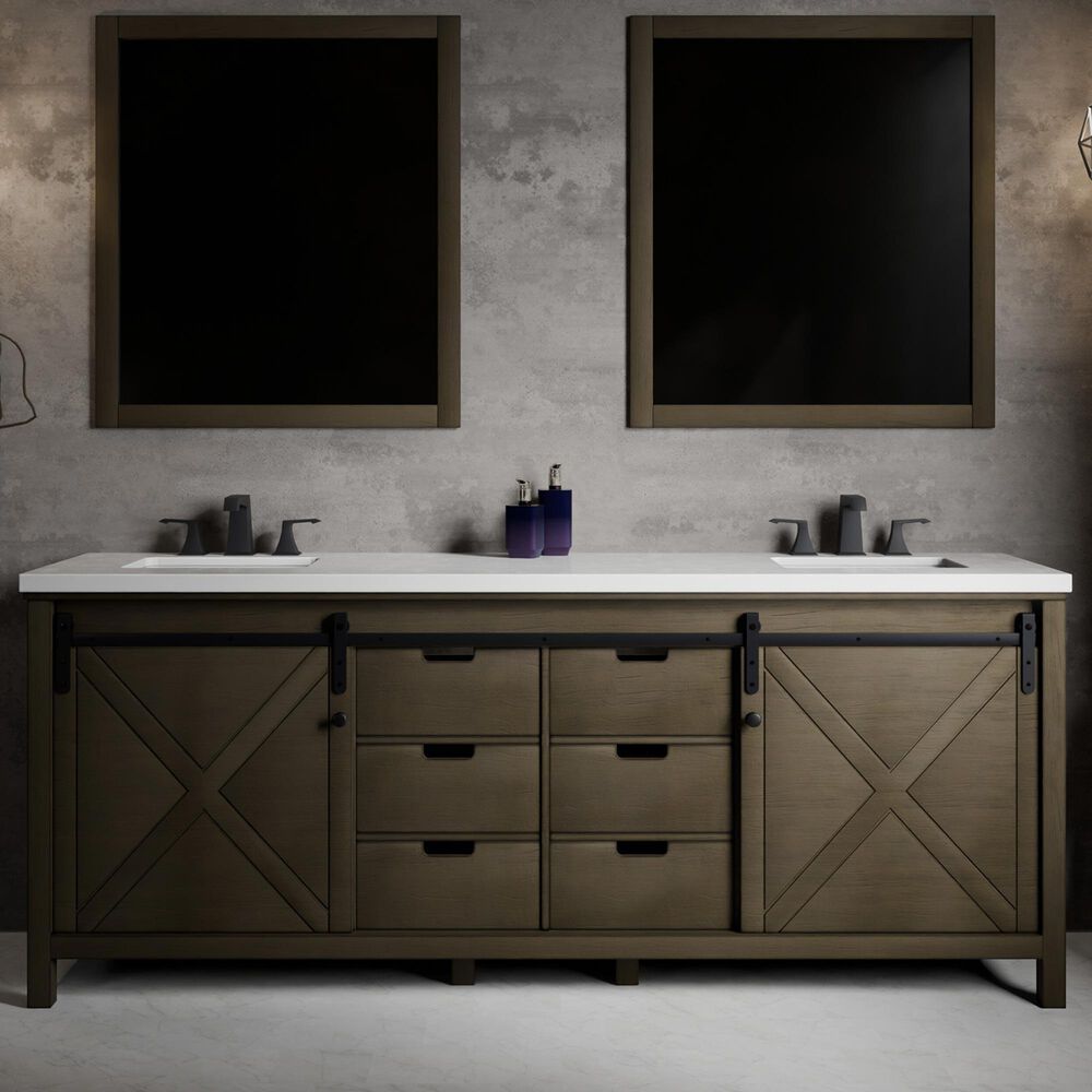 Lexora Home Marsyas 84&quot; Double Bathroom Vanity in Rustic Brown with White Quartz Top and Rectangular Sinks, , large