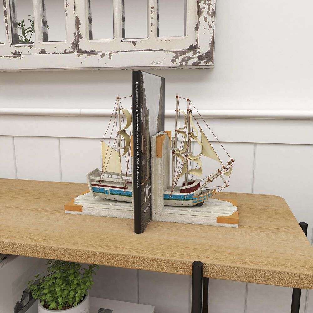 Maple and Jade Coastal Sail Boat Bookends in White Washed, Gold and Blue &#40;Set of 2&#41;, , large