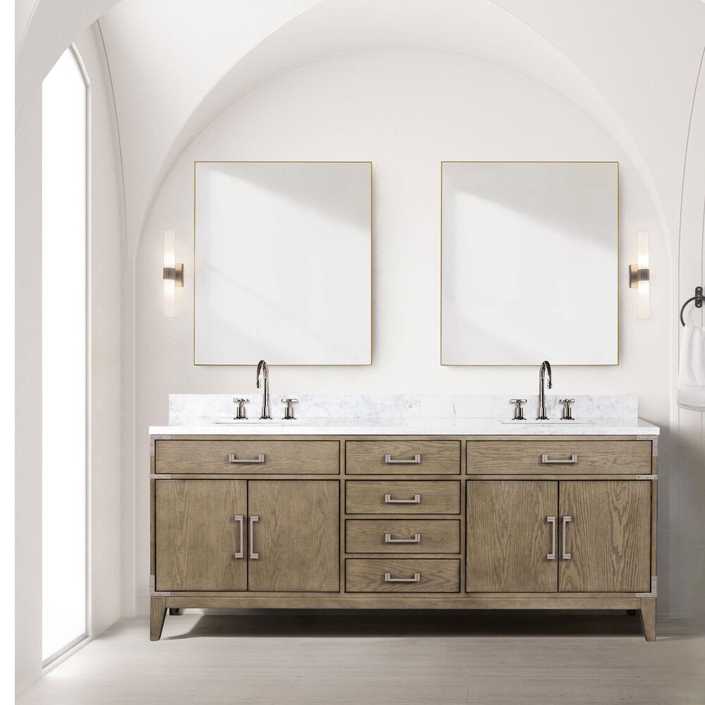 Lexora Home Laurel 80&quot; Double Bathroom Vanity in Grey Oak with White Carrara Marble Top and Rectangular Sinks, , large