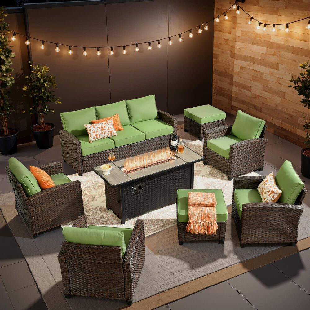 HOMLUX 8-Piece Patio Conversation Set with Fire Pit Table in Green, , large