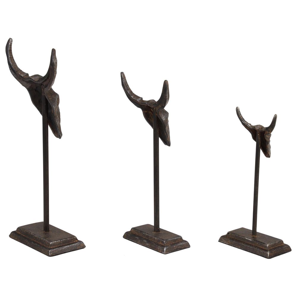 Maple and Jade Bull Skull Sculpture in Matte Gray &#40;Set of 3&#41;, , large