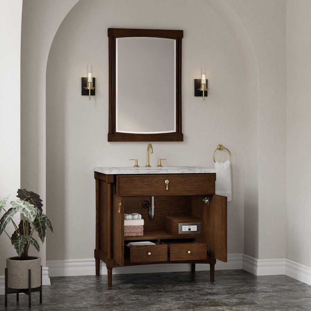 James Martin Kinnsden 36" Single Bathroom Vanity in Sable Oak with 3 cm Carrara Marble Top and Rectangular Sink, , large
