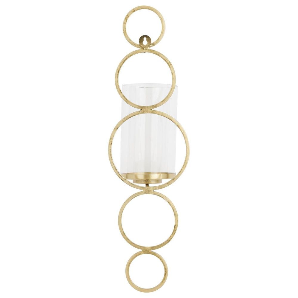 Maple and Jade 25&quot; Stacked Circle Single Indoor/Outdoor Wall Mount Candle Holder in Satin Gold and Clear, , large