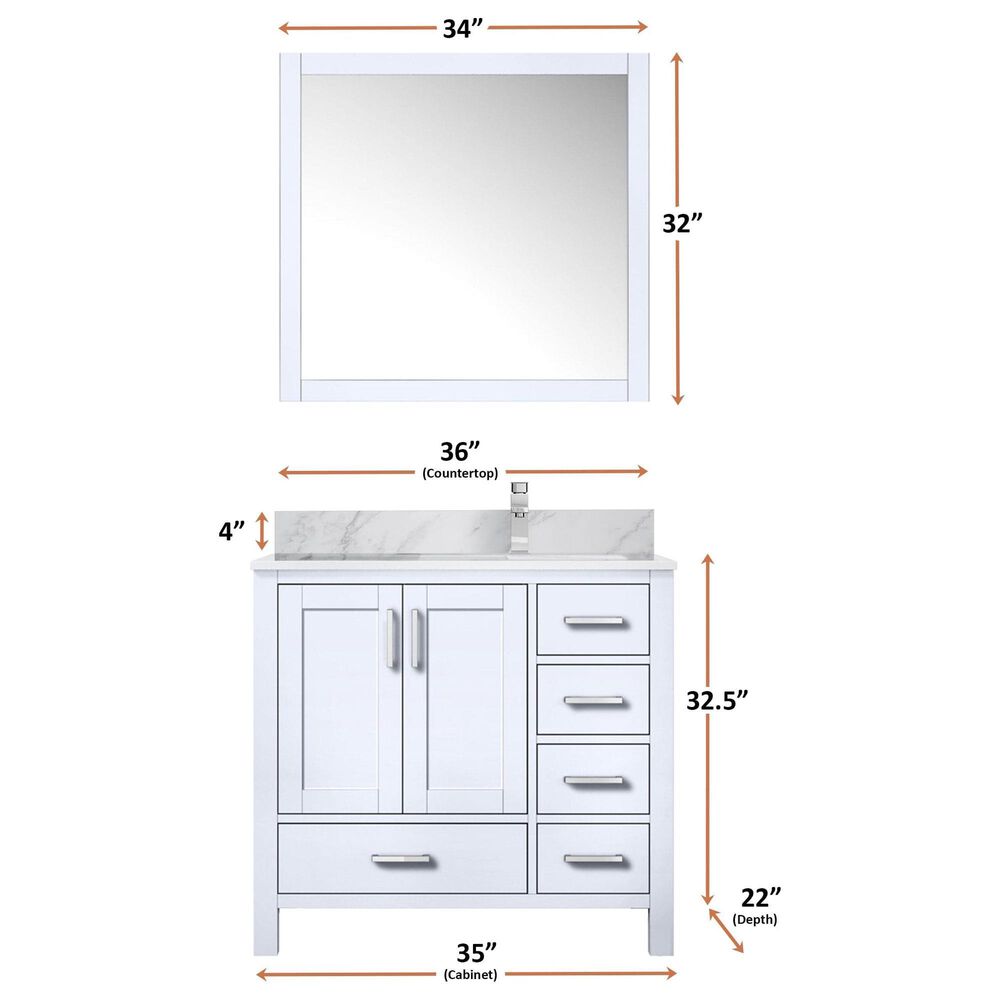 Lexora Home Jacques 36&quot; Left Offset Single Bathroom Vanity in White with 2 cm White Carrara Marble Top and Rectangular Sink, , large
