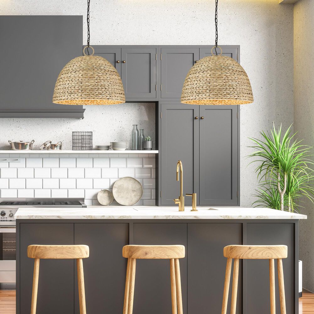 Golden Lighting Rue 5-Light Pendant in Matte Black with Woven Sweet Grass Shade, , large
