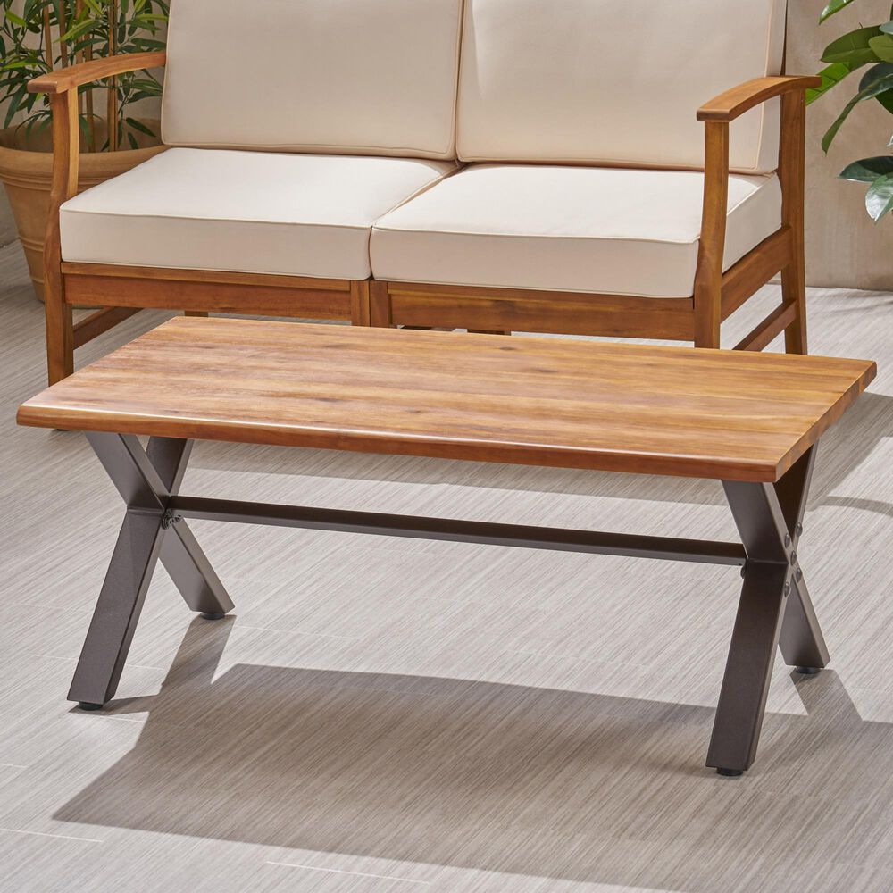 Hearth and Haven Outdoor Coffee Table with Metal X-Frame Base in Brown and Black, , large