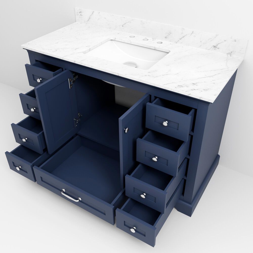 Lexora Home Dukes 48" Single Bathroom Vanity in Navy Blue with 2 cm White Carrara Marble Top and Rectangular Sink, , large