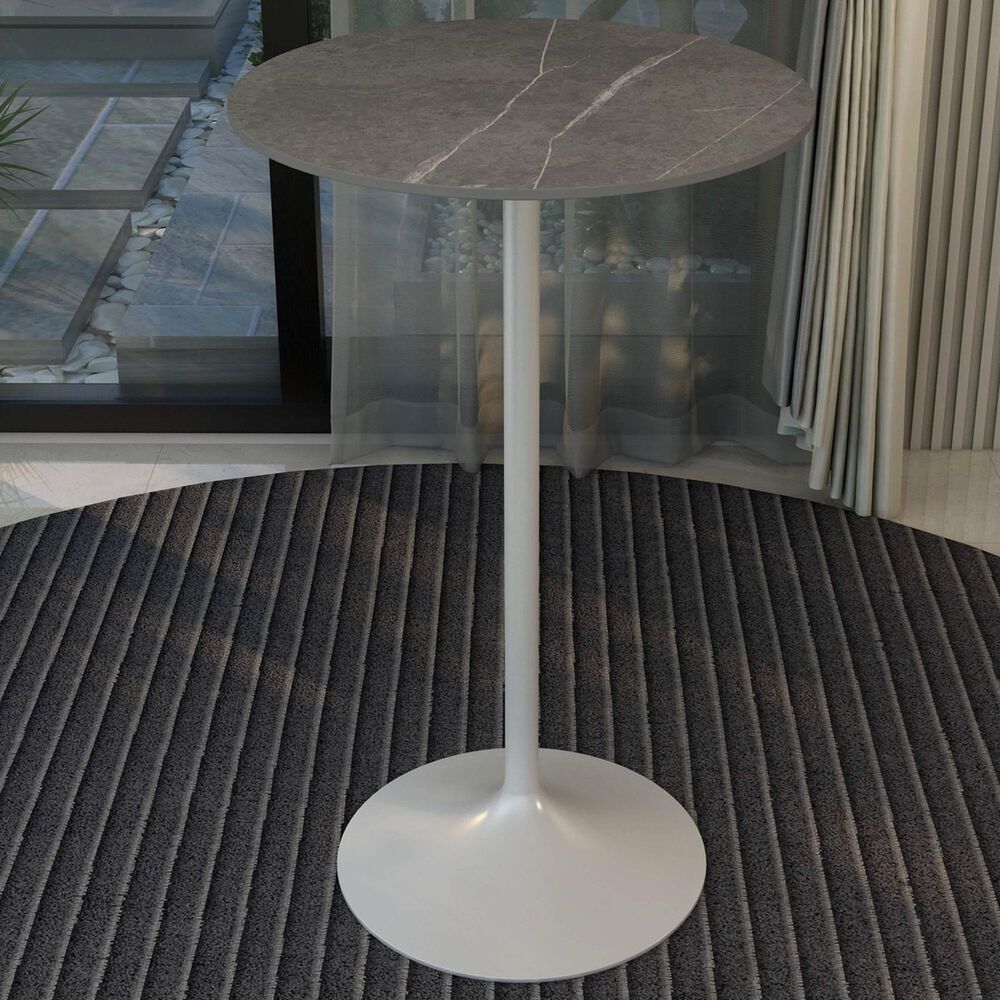 Leisuremod LeisureMod Verve Collection Modern Bar Height Table White Base with 27 Round Marble Grey Sintered Stone Top, , large