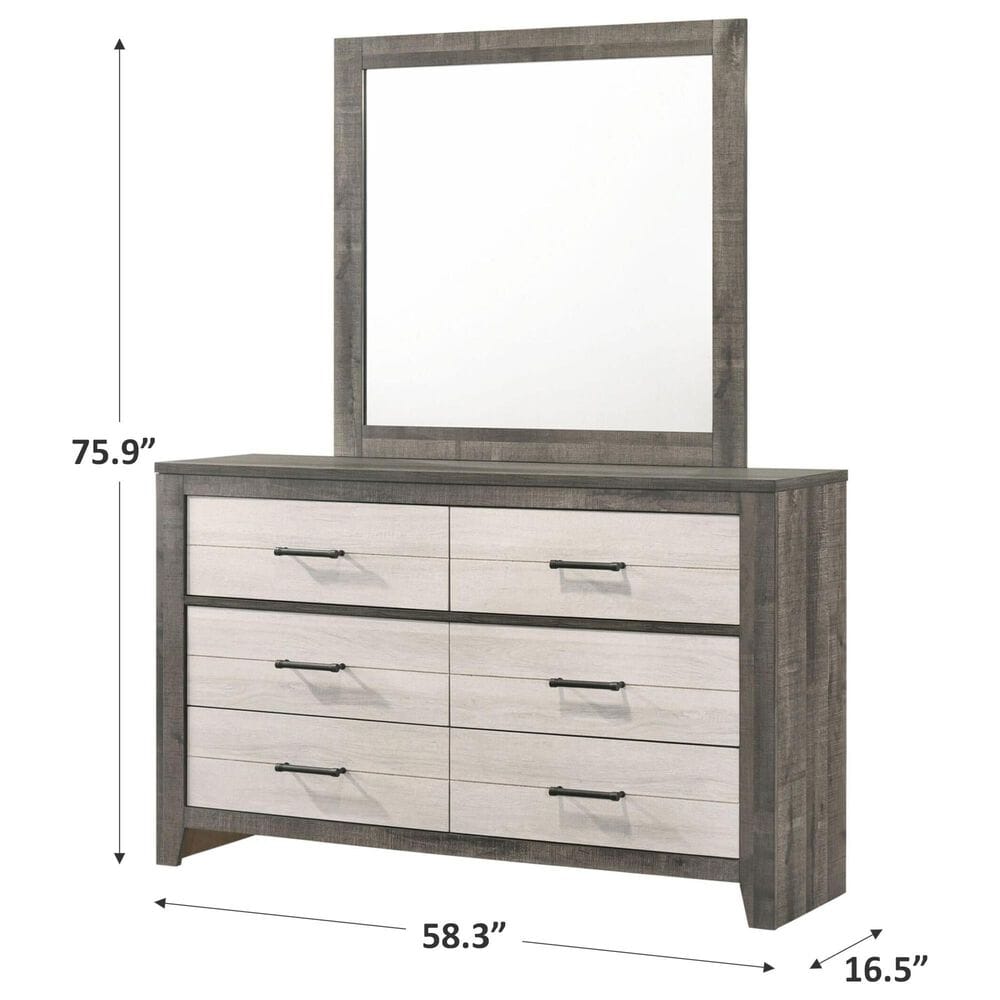Crown Mark Rhett 6-Drawer Dresser and Mirror in Gray and White, , large