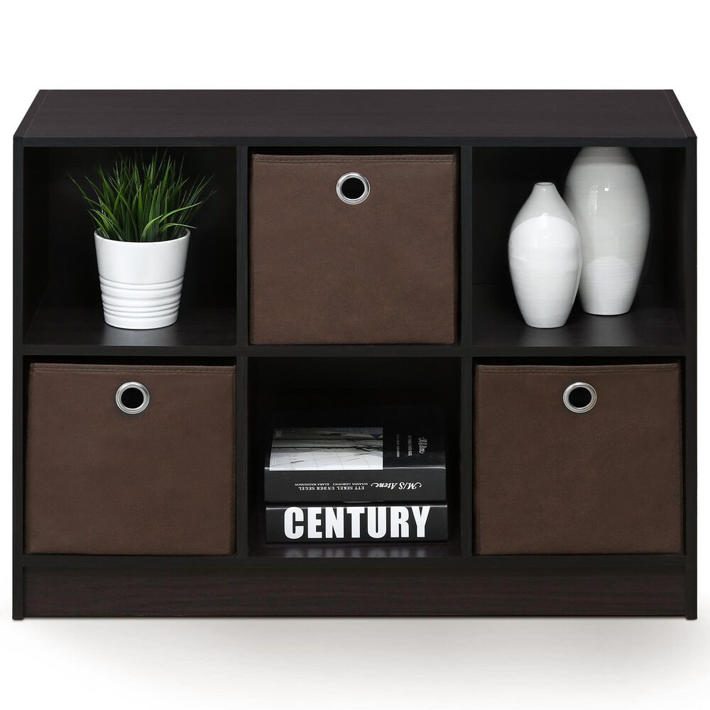 HOMLUX 6-Cube Bookshelf Bookcase with Storage Bins in Dark Walnut, , large