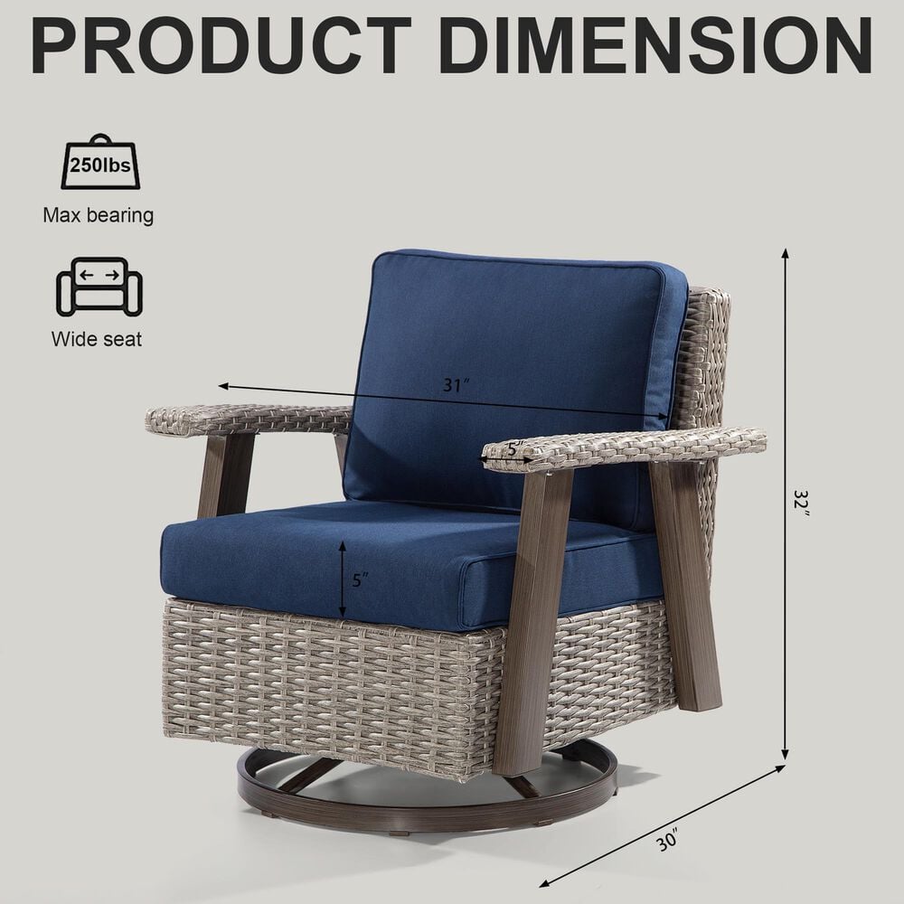 Sunwell Garden Patio Outdoor Swivel Chair with Light Gray Wicker in Navy, , large