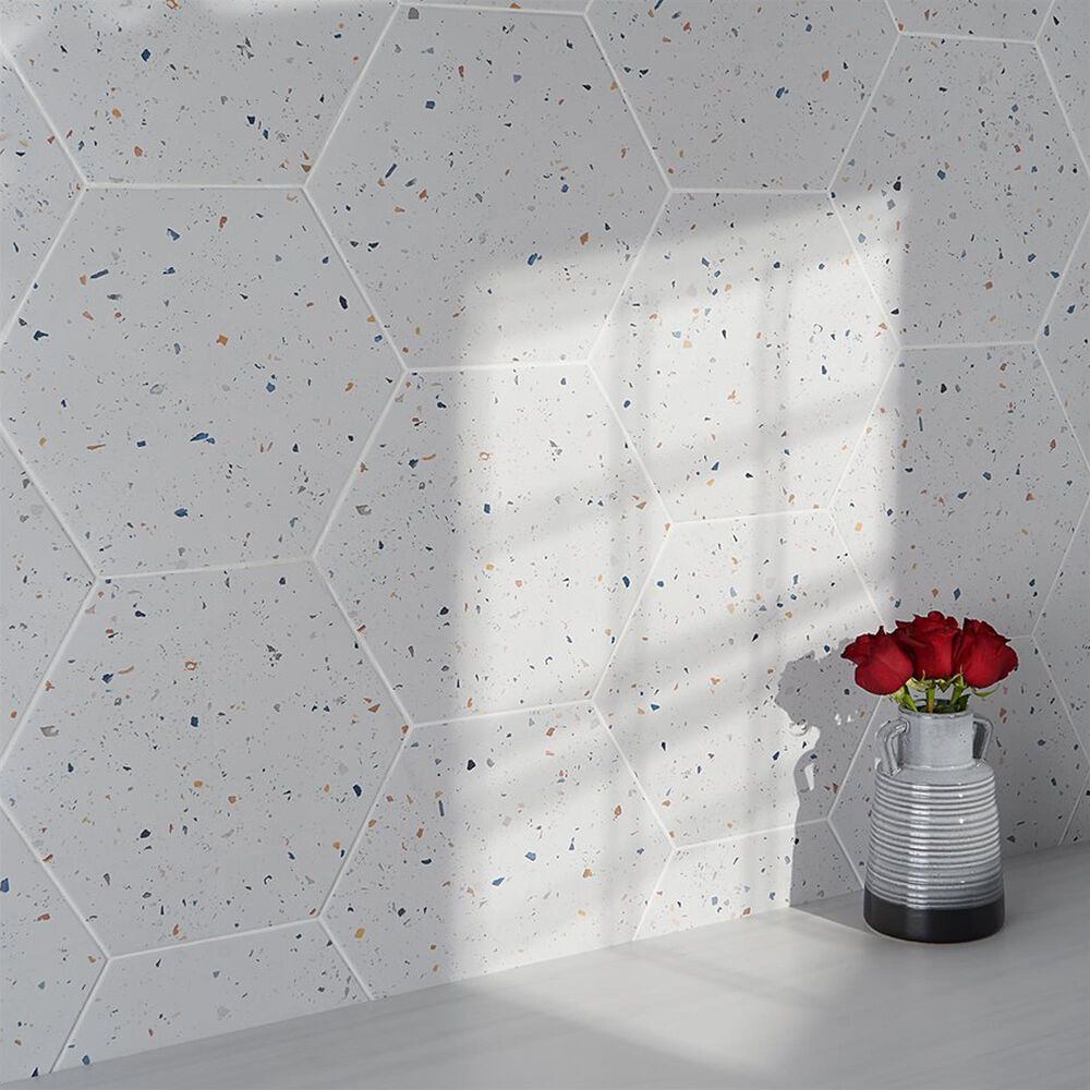 Soho Studio Wild Terrazzo Multi White 13&quot; x 14&quot; Hexagon Porcelain Tile, , large