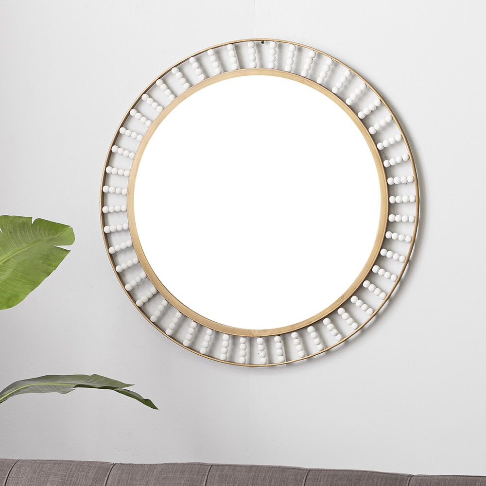 Maple and Jade 32&quot; Round Wall Mirror in Golden Brown and White, , large