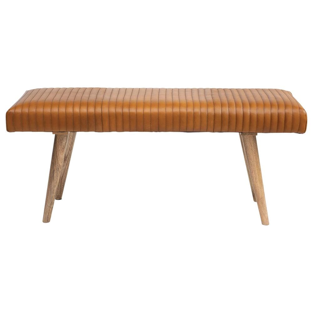 Teak Interiors Upholstered Leather and Mango Wood Bench with Channel Stitching, , large
