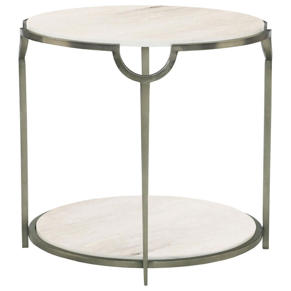 Bernhardt Morello Round End Table in White Faux Marble and Oxidized Nickel, , large